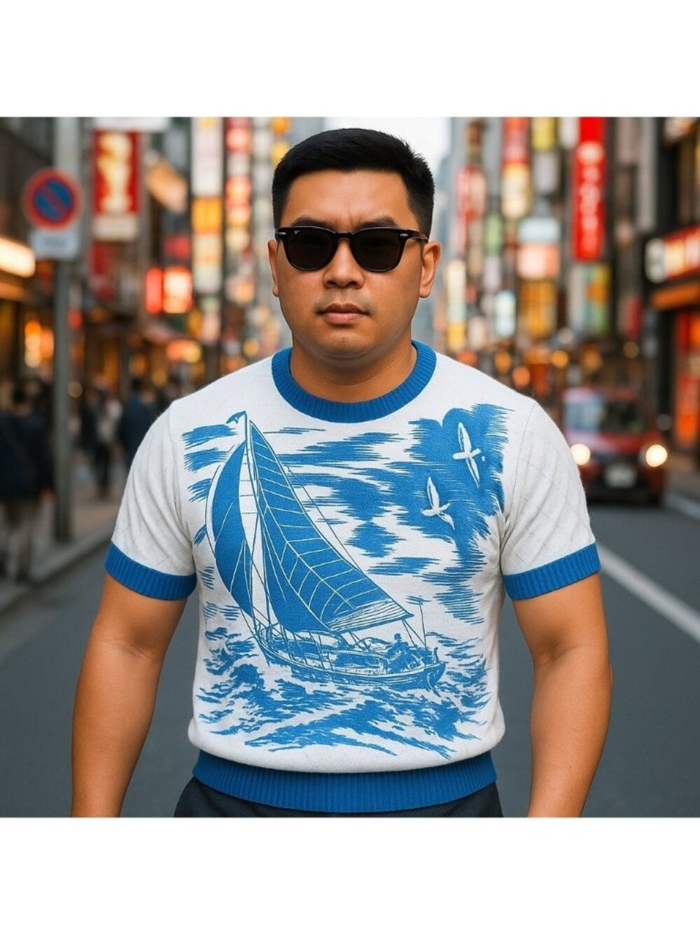 Groovin High Knit Yacht Sweater Blue Men Short Sleeve Vtg Retro Rockabilly M